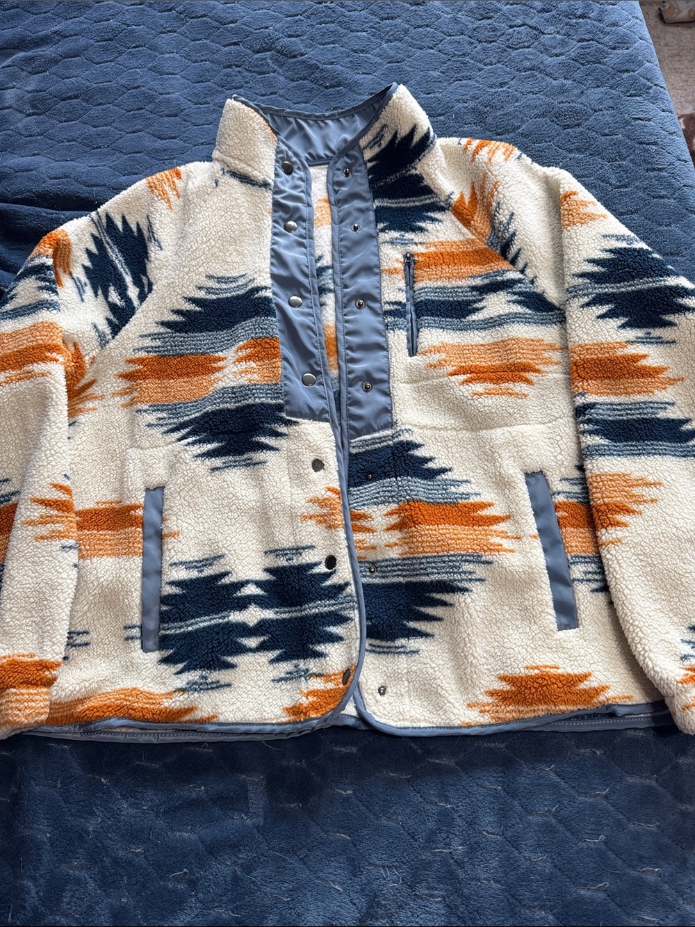 Cozy Aztec Sherpa Jacket in Cream, Navy & Rust